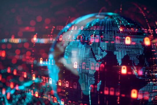 A concept image of a globe surrounded by digital padlocks and binary code, representing global cyber security