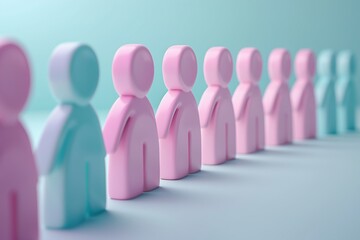 A row of pink and blue human figures standing next to each other on a light background with simple shapes. Diversity in the workforce or team building for human resources with copy space. Community