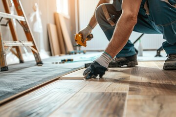 Worker installing wood laminate flooring