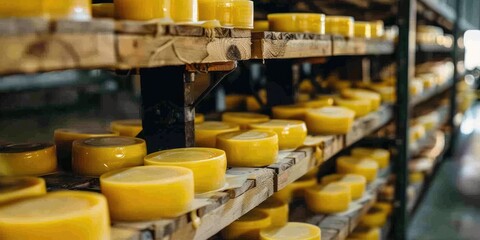 Rows of cheese wheels on wooden shelves