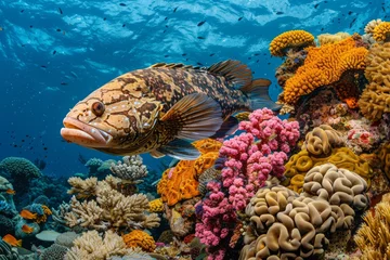 Fotobehang A dynamic coral reef scene with a large grouper swimming through the vibrant corals © Fitry