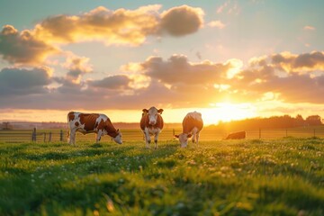 Dairy cows graze in a field bathed by the warm glow of a setting sun