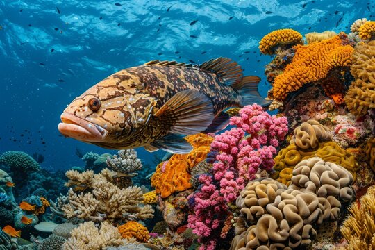 A dynamic coral reef scene with a large grouper swimming through the vibrant corals