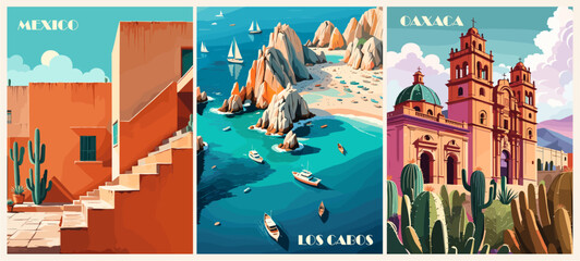 Set of Mexico Travel Destination Posters in retro style. Los Cabos, Oaxaca digital prints. Exotic summer vacation, tourism, holidays concept. Vintage vector colorful illustrations.
