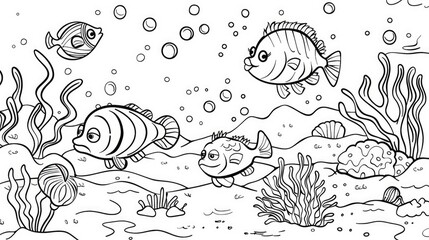 Fototapeta premium A playful black and white illustration of fish and sea life in a cartoon style, ideal for children's books