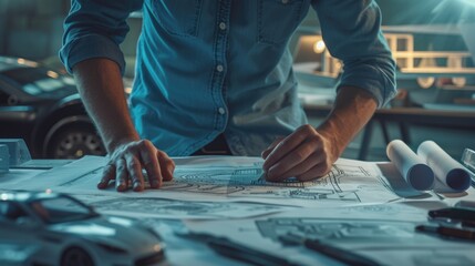 A man is leisurely sitting at a table, sharing a blueprint with engineering plans, while enjoying the art of architecture. AIG41