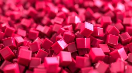  A large pile of red cubes sits in the middle of the floor, with smaller piles of red cubes stacked on top