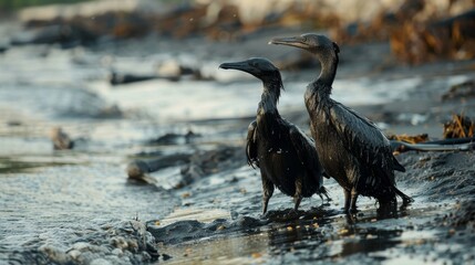 Birds covered in oil struggling on a dirty beach, with oil slicks on the water and black stains on the sand