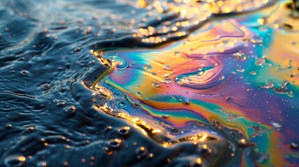 Macro shot of a chemical spill on a water surface with a rainbow-like sheen, highlighting the interaction of oil and water in vivid detail