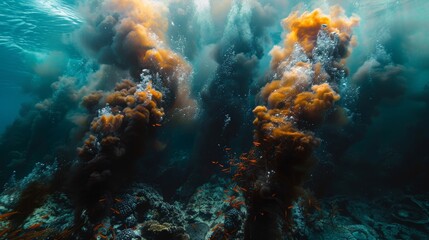Obraz premium Oil spill impact on a coral reef, with corals coated in oil, dying marine species, and dark plumes in the water