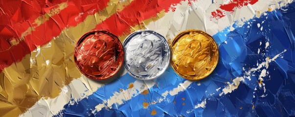 Gold, silver, and bronze Olympic medals on colorful abstract background