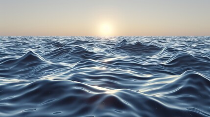 Fototapeta premium A large body of water with waves in the foreground and a distant, bright sun over the horizon, framed by a hazy foreground sky