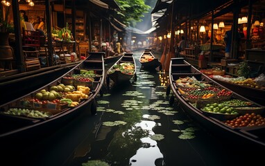 Topquality 8K shot of Thailand floating markets, capturing the essence of local trade, food, and culture