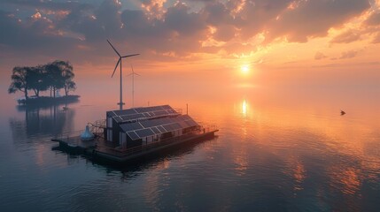 Obraz premium Top view of a sleek, modern oil rig with solar panels and wind turbines, floating in a serene body of water at sunrise