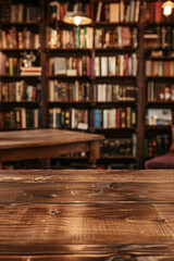 A wooden counter in the foreground with a blurred background of a vintage bookstore. The background includes tall bookshelves filled with old books, and comfortable reading nooks.