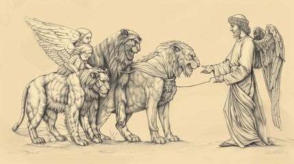 Fototapeta na wymiar Biblical Illustration: Vision of the Four Beasts, Daniel's Prophecy, Angel's Interpretation, Beige Background, Copyspace