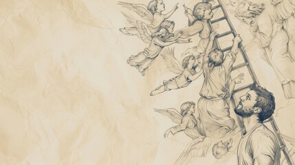 Biblical Illustration: Jacob's Ladder, Jacob Dreaming of Ladder to Heaven, Angels Ascending and Descending, Beige Background, Copyspace