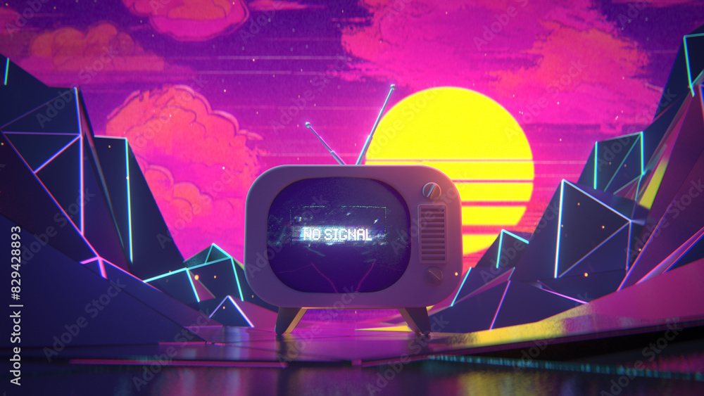 Aufkleber old tv with no signal in synthwave landscape 3d render
