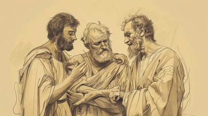 Biblical Illustration: The Philippian Jailer, Asking for Salvation, Paul and Silas Guide to Faith, Beige Background, Copyspace