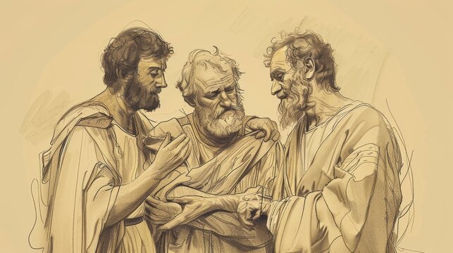 Biblical Illustration: The Philippian Jailer, Asking for Salvation, Paul and Silas Guide to Faith, Beige Background, Copyspace