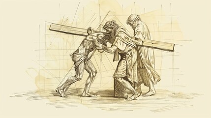Obraz premium Biblical Illustration: The Way of the Cross, Jesus Carrying His Cross to Golgotha, Simon of Cyrene Helping, Beige Background, Copyspace