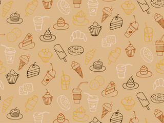 Seamless pattern of food and drink, fast food, sweets, cookies, coffee. Hand drawn vector colorful doodles in line style.