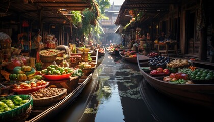 Ultradetailed 8K photo of Thailands floating markets, featuring wooden boats, fresh produce, and lively scenes