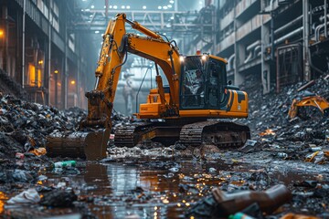 Grabbing excavator collects garbage in plant warehouse created with Generative AI technology