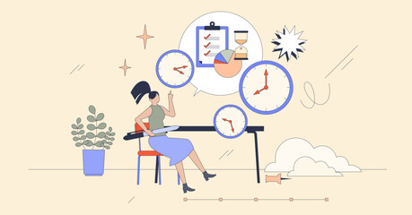 Time management skills for work productivity tiny person neubrutalism concept. Effective task organization with job planning and schedule optimization vector illustration. Project workflow urgency.