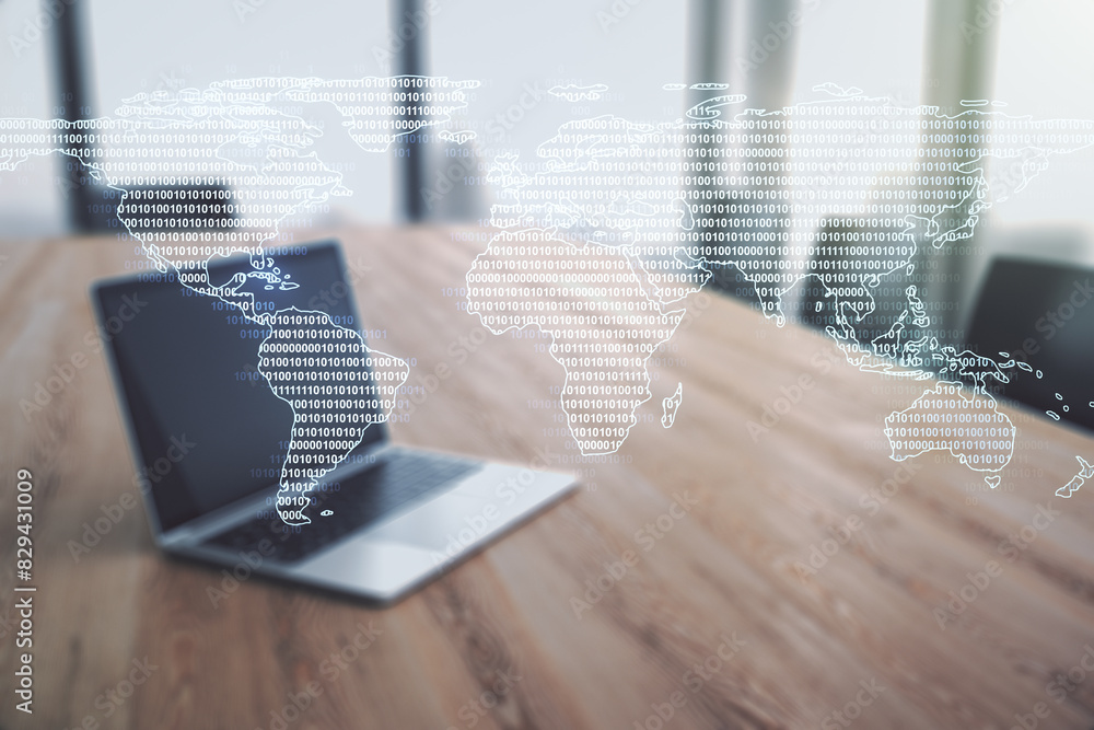 Poster multi exposure of abstract creative digital world map on laptop background, research and analytics c