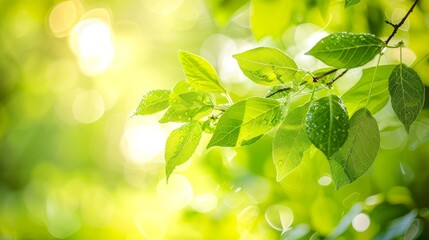  A tight shot of a tree branch, adorned with emerald leaves and glistening water droplets Sunlight filters through from the left side