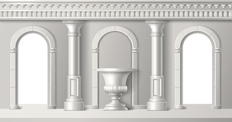 Room or hall interior with white stone ancient roman column arch entrance door and decorative vase. Realistic 3d vector illustration antique greek marble temple building inside with baroque sculpture.
