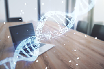 Creative DNA sketch on modern laptop background, biotechnology and genetic concept. Multiexposure