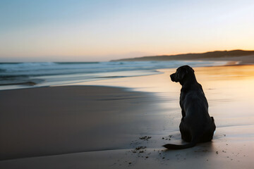 A black Labrador dog sits on the beach, facing away from you and looking at the sea waves during sunrise