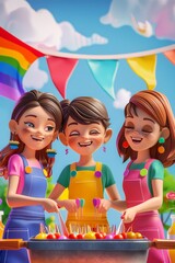 Joyful LGBTQ+ Friends at Pride BBQ - Vibrant 3D Cartoon Illustration of Diverse Group Celebrating with Rainbow Pins and Flag in the Background