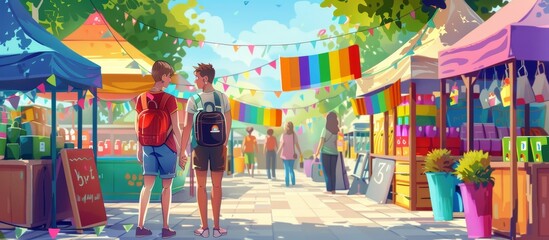 Joyful Diversity at Farmers Market - 3D Cartoon Illustration of Couple with Rainbow Pins and Pride Flag Vendor Stall