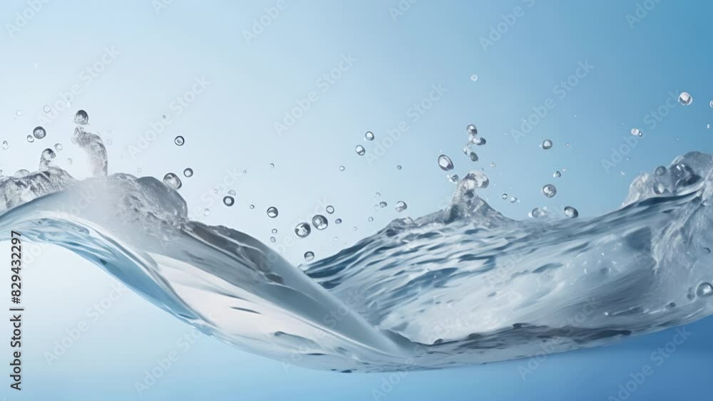 Poster A splash of liquid splashes and waves across a clear blue pool. 3D element. Clear drink. Clear water falling or foaming