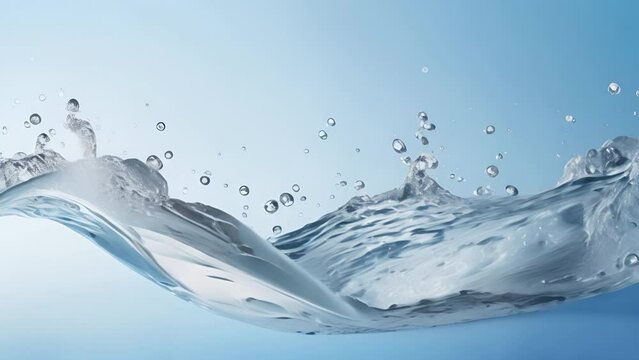 A splash of liquid splashes and waves across a clear blue pool. 3D element. Clear drink. Clear water falling or foaming