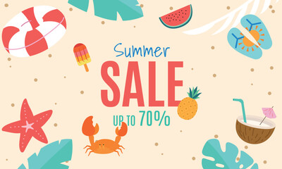 Summer Sale Banner with Tropical Beach Elements.