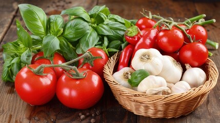 A Rustic Display of Fresh Produce and Herbs on a Wooden Table