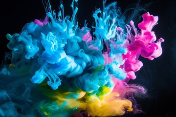 Fototapeta premium An explosive burst of colorful ink clouds against a deep black background, with vibrant hues of blue, pink, yellow, and green swirling and merging in a captivating dance. 