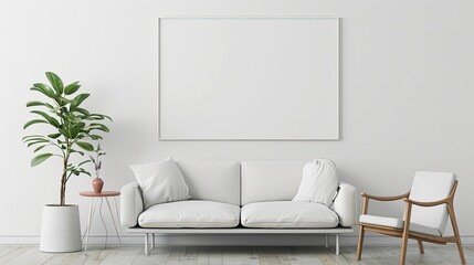 A Minimalist Living Room with White Sofa, Plant, and Wooden Chair.