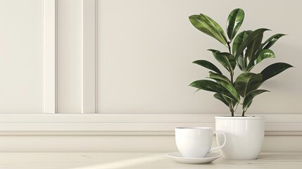 White Ceramic Cup and Saucer Set with Green Plant Displayed on Countertop.