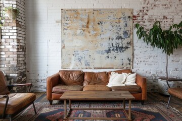 Cozy Living Room with Brown Leather Couch, Wooden Pieces and Rustic Accents.