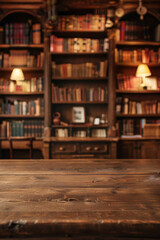 Fototapeta premium A wooden counter in the foreground with a blurred background of a vintage bookstore. The background includes tall bookshelves filled with old books, and comfortable reading nooks.