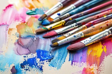 Obraz premium Collection of Various Paintbrushes and Colorful Bristles Scattered Across a White Canvas