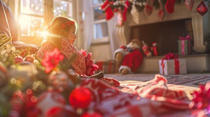 A little girl enjoying Christmas morning by the fireplace, surrounded by decorations and presents. The sunlight streams in, creating a warm and joyous atmosphere