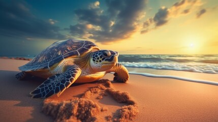 Obraz premium Little sea turtle on the sandy beach in morning time