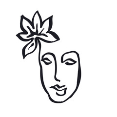 One single line ink drawing of abstract female face and flowers isolated on white. Monochrome minimalist portrait. Modern trendy fashion sketch of woman head