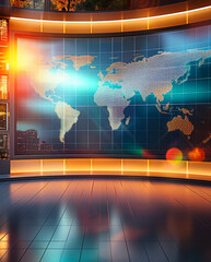 Modern 3D Render of News Studio with World Map Background for Global News, Broadcasting, Technology, and Media Concepts at Dawn